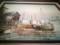 W Jones Signed Oil Painting Fishing Boats Dock Mid Century Nautical Harbor