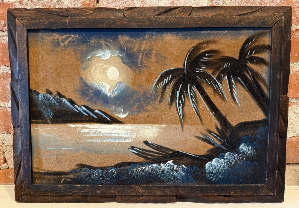 Vintage 80s Black Velvet Painting Beach Palm Trees Sunset Island Surf Art