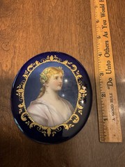 Antique Porcelain Plaque Painting Portrait Young Lady Flowers in Gold Blue Frame