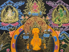 Silk Brocade Mounted Maitreya Buddha Thangka Painting, Handmade Tibetan Wall Art