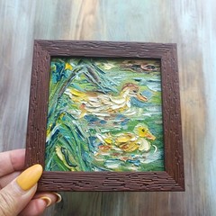 Original Oil Painting Duck Duckling Art Miniature Framed Art 4×4 in