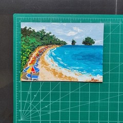 Beach Umbrellas Painting Seascape Ocean Shore Coastal Art Summer Wall Decor 6×8