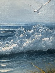 ORIGINAL OIL PAINTING Seaside Seascape Dunes Seagulls Ocean Signed Brown Framed
