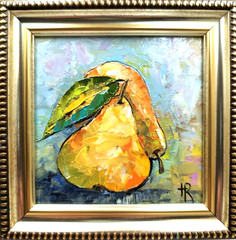 Original Oil Painting 4×4 in Framed Signed Pear Fruit Impasto Art Wall Decor