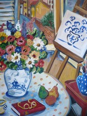 SUZANNE ETIENNE, OREGON MODERN IMPRESSIONIST FLORAL VASE TABLE FLOWERS CITY OIL