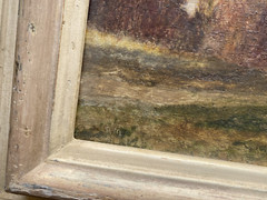 OIL PAINTING MONOGRAM R.M ° IN BEECHGGBERG FRAME ANTIQUE SWITZERLAND MEADOWS HOUSES NATURE