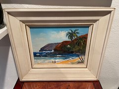 ORIGINAL RARE OSHINO OKUDA PAINTING BEACH SCENE CUSTOM FRAMED 8X10 HAWAII MAUI