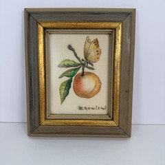 Peach And Butterfly Painting Framed 6”x7” By D. Gawland