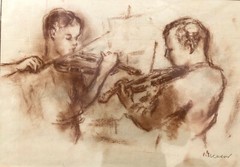 Two Boy Violinists 11 x 16 1/8 Pastel Painting-40s-Bernard Gussow