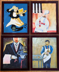 Vintage Framed Bistro Waiter Oil Paintings Signed R Ben Set of 4 Café Wine Art