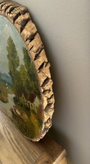 Antique Oval Oil Paining on Tree Panel Lake Mountain Home Flowers Trees 14”x11”