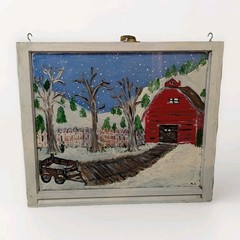 Original Folk-Art Farm Painting On An Antique, Framed Window Pane 24×27 Inches