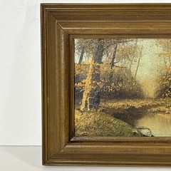Vtg Landscape Oil Painting Artist Signed Autumn Forest River Chunky Wood Frame