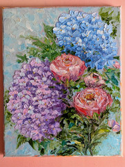 Hydrangea ORIGINAL OIL Painting ROSES FLOWERS impasto 10″x 8″ by Olga Diduh.