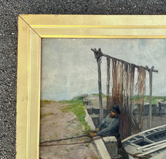 Antique European „Harbor scene with Figures“ Dutch oil Painting on panel. Signed