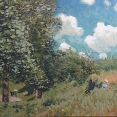 1975 Bucolic Countryside Landscape Painting Signed Sisley Figures Meadow 14×11