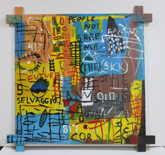 JEAN-MICHEL BASQUIAT ACRYLIC ON CANVAS 1982 WITH TIED WOOD SUPPORTS 35 X 35 in