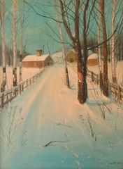 Svend R. Svendsen Antique 1920’s Oil Painting Winter Landscape Cabin Birch Trees