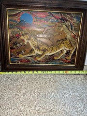 Vintage Framed Nude Goddess/man/tiger Engraved/carved. Gold Metallic Painting