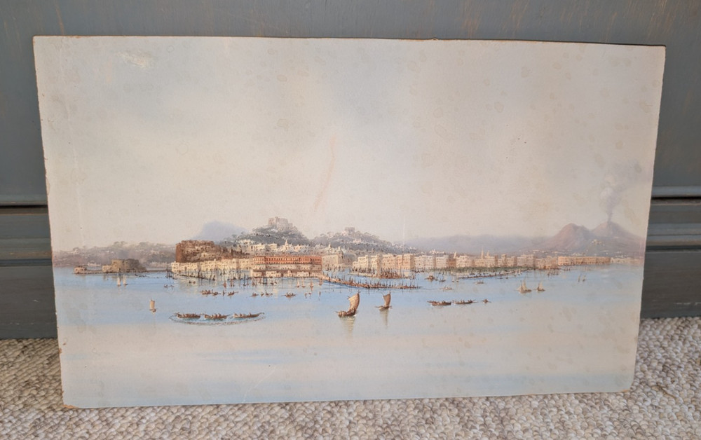 Fine Antique Italian Watercolor Painting Landscape Harbor Scene 10 1/2 x 17″