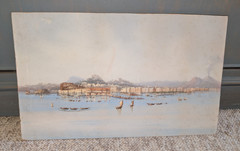 Fine Antique Italian Watercolor Painting Landscape Harbor Scene 10 1/2 x 17″