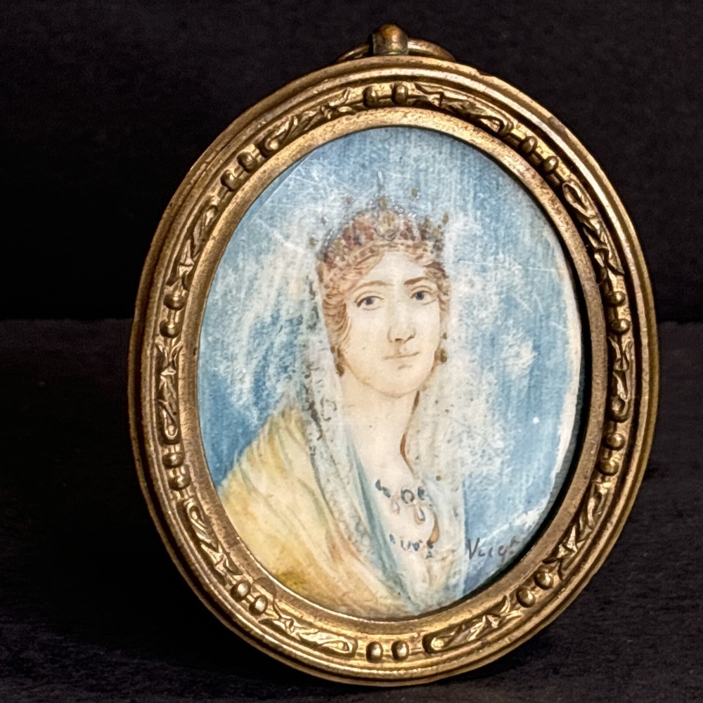 Antique Miniature Portrait/Lady/Bronze Frame/France C.1900/Hand Painted/Signed