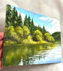 Original Oil Painting Summer Landscape Forest and River Small Wall Art 6 x 8 in