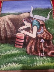 Painting on Leather Indian Woman W/Buffalo Mountains Handmade 12” Tapestry Wall