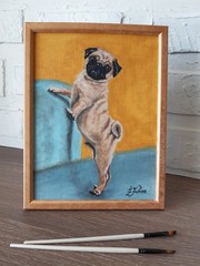 Pug Original Painting Pet Dog Oil Painting Framed 7 by 9 Animal Wall Art.