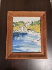 Vintage Oil on Board Painting 8″ x 10″ Framed Village on Shoreline Signed nh