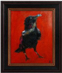 Original Oil Painting Black Crow Raven Bird on Red Palette Knife Art Signed