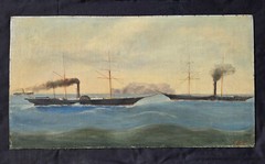 Vintage Civil War Blockade Runner Side Wheel Steamer Ships Painting