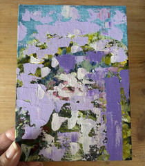 Original Abstract Floral Painting Purple Green Textured, Small Unframed Art