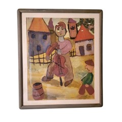 The Village Cellist Framed Folk Art Painting By Timna Most Signed Hebrew Chagall