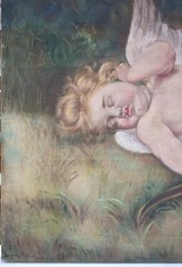 1913 Large Original Oil Painting – Sleeping Cupid – after Leon Perrault – 40×38