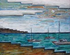 SUN SHORE SEA sail boat beach NEW wow 16×20 oil painting seascape cubism CROWELL