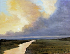 Original landscape oil painting, new, signed, Storm Over the Marshes