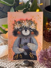 Original Painting Raccoon Daisies Medieval Folk Art Illustration 5×7