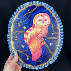 Original Art Painting, Barn Owl Bird Moon Stars Space Whimsy 11×9 Canvas
