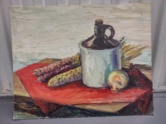Geraldine Collier Signed Original Still Life Painting Corn Onion Bottle on Board
