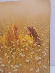 1976 Shiela Dowdell Painting Plaque, 3 Girls In Field Two Brunette One Blonde