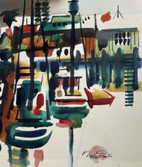 NOEL QUINN MODERNIST ABSTRACT HARBOR COASTLINE CALIFORNIA WATERCOLOR PAINTING