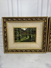 VTG Pair Signed Noel Oil Paintings on Board Forest Landscapes Gold Frames Ornate