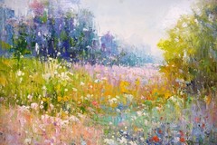 Framed Oil Painting, Elegant Spring Field, Korean Art, Signed Jean Morgan