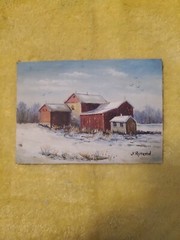Vintage J.Rymond Oil Painting Barns Buildings Sky Birds Flying Snow Landscape
