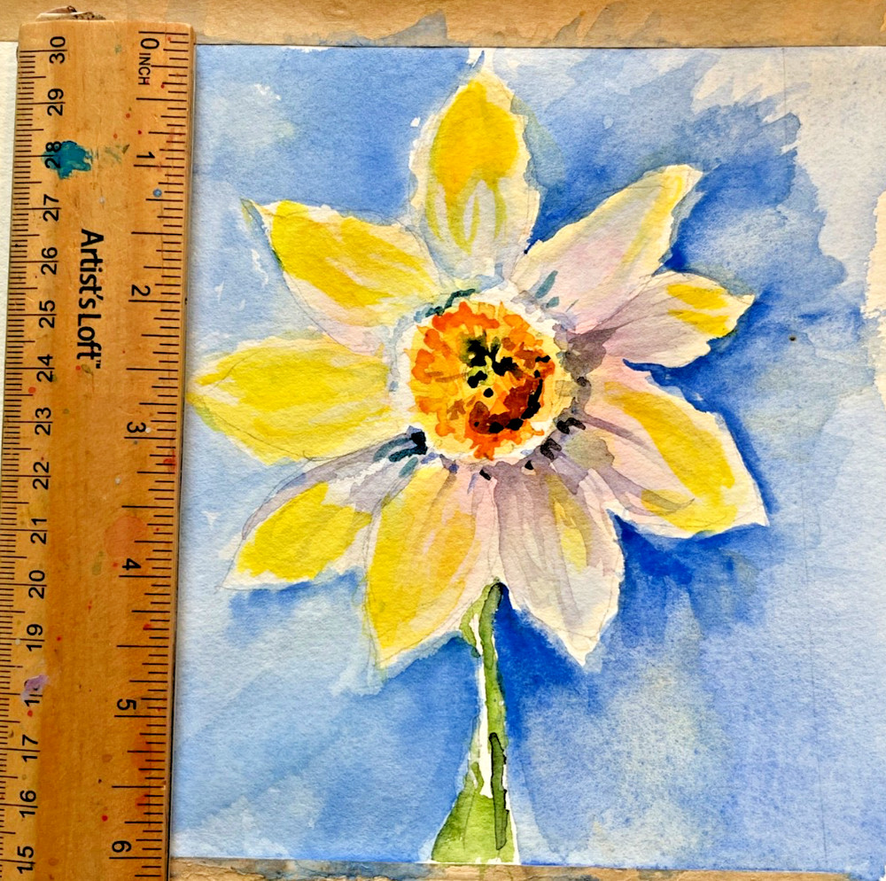 Original watercolor painting of a daffodil on blue background. signed by artist