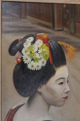 JAPANESE GEISHA GIRL OIL PAINTING ON CANVAS PERIOD FRAMED ARTIST HELEN SHARE