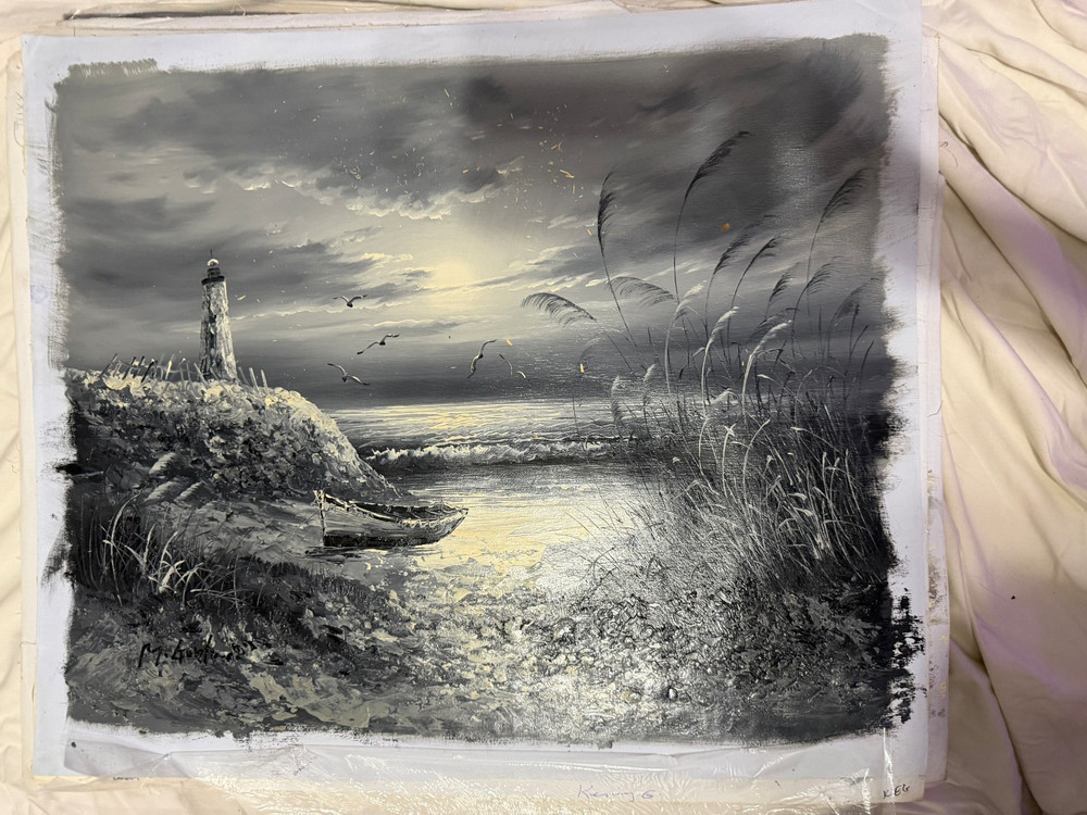 Vintage Monochrome Lighthouse Seascape Oil Painting Boat Ocean Coastal Landscape