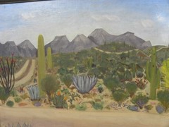 Vintage charming Southwest desert painting in a slightly primitive naive style