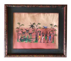 Vtg Orig Watercolor Painting Africa Congo 4 People Crocodile Birds Tropical